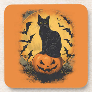 Schwarze Katze auf Halloween-Kürbis Getränkeuntersetzer