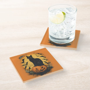 Schwarze Katze auf Halloween-Kürbis Glasuntersetzer