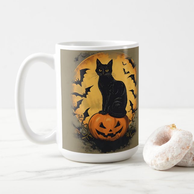 Schwarze Katze auf Halloween-Kürbis Kaffeetasse (Mit Donut)