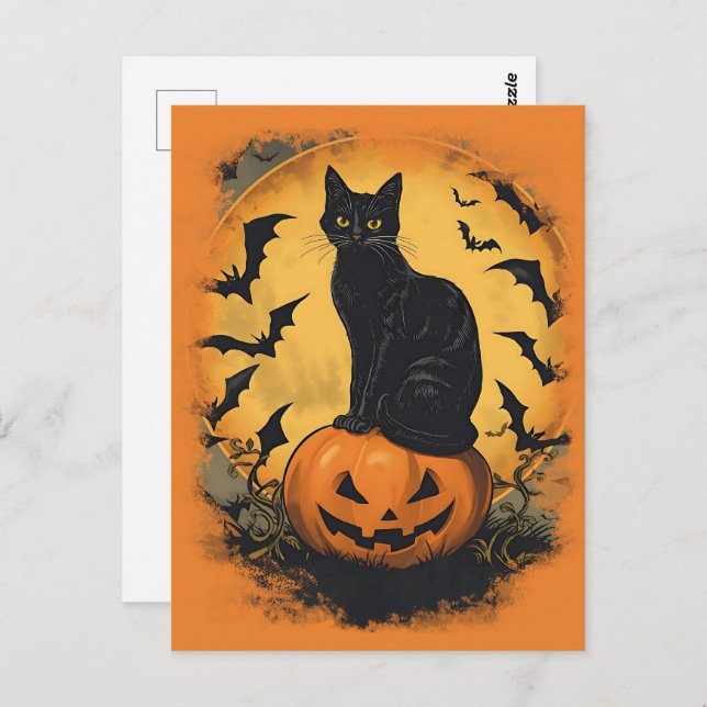 Schwarze Katze auf Halloween-Kürbis Postkarte (Vorne/Hinten)