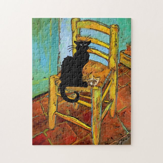 Schwarze Katze auf Holzstuhl Puzzle (Vertikal)
