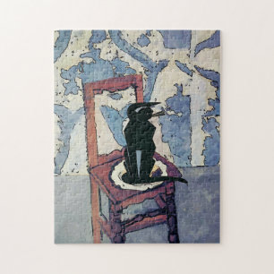 Schwarze Katze auf Holzstuhl Puzzle