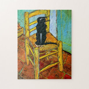 Schwarze Katze auf Holzstuhl Puzzle