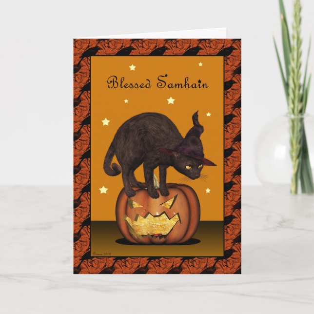 Schwarze Katze auf Jack-o-Laterne Samhain Grußkart Karte (Vorderseite)