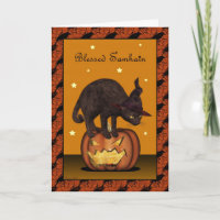 Schwarze Katze auf Jack-o-Laterne Samhain Grußkart