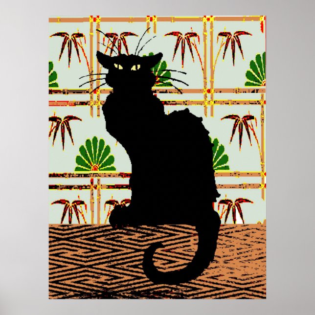 Schwarze Katze auf japanischem Wandpapier Poster (Vorne)