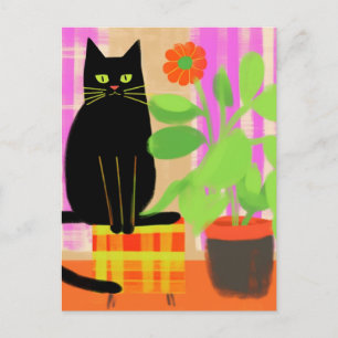 Schwarze Katze auf kariertem Sitzplatz Vintage-Blu Postkarte
