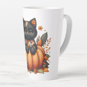Schwarze Katze auf Kürbis mit Herbst-Quilt-Muster Milchtasse