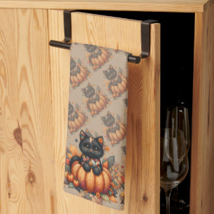 Schwarze Katze auf Kürbis mit Herbstquiltmuster Geschirrtuch