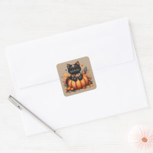 Schwarze Katze auf Kürbis mit Herbstquiltmuster Quadratischer Aufkleber