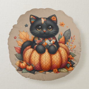 Schwarze Katze auf Kürbis mit Herbstquiltmuster Rundes Kissen