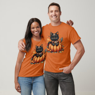 Schwarze Katze auf Kürbis mit Herbstquiltmuster T-Shirt