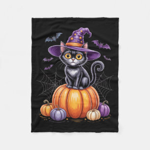 Schwarze Katze auf Kürbis mit Hexenhut Halloween Fleecedecke