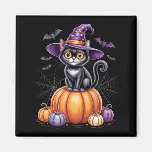Schwarze Katze auf Kürbis mit Hexenhut Halloween Magnet