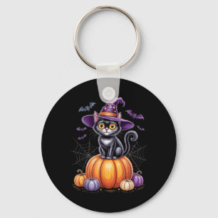 Schwarze Katze auf Kürbis mit Hexenhut Halloween Schlüsselanhänger