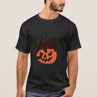 Schwarze Katze auf Kürbisgesicht Halloween Grusel T-Shirt
