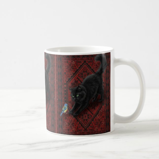 Schwarze Katze auf marokkanischem Teppich  Kaffeetasse (Rechts)