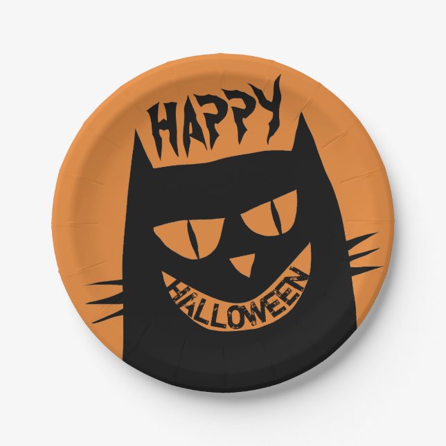 Schwarze Katze auf Orange Pappteller (Vorderseite)