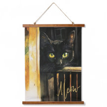 Schwarze Katze auf Porch Wood Topped Tapesta Wand
