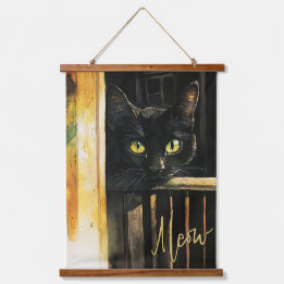 Schwarze Katze auf Porch Wood Topped Tapesta Wand  Wandteppich Mit Holzrahmen