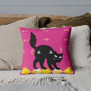 Schwarze Katze auf rosa gelb Niedlich Kissen