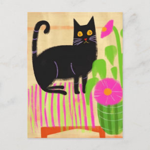 Schwarze Katze auf rosa gestrichelte Sitzflächen B Postkarte