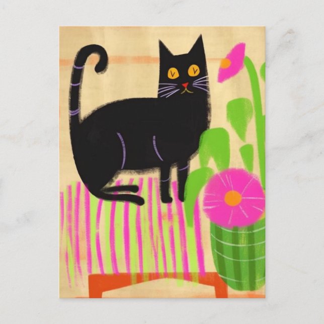 Schwarze Katze auf rosa gestrichelte Sitzflächen B Postkarte (Vorderseite)