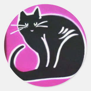 Schwarze Katze auf rosa Hintergrund Whimsisches KI Runder Aufkleber