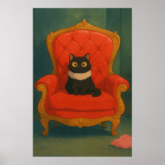 Schwarze Katze auf rotem Thron Poster