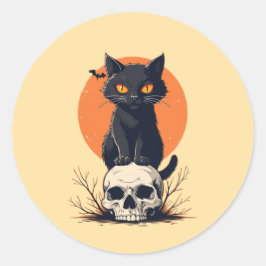 Schwarze Katze auf Skull Halloween Runder Aufkleber
