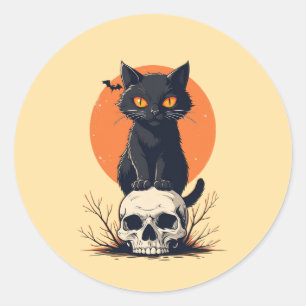 Schwarze Katze auf Skull Halloween Runder Aufkleber
