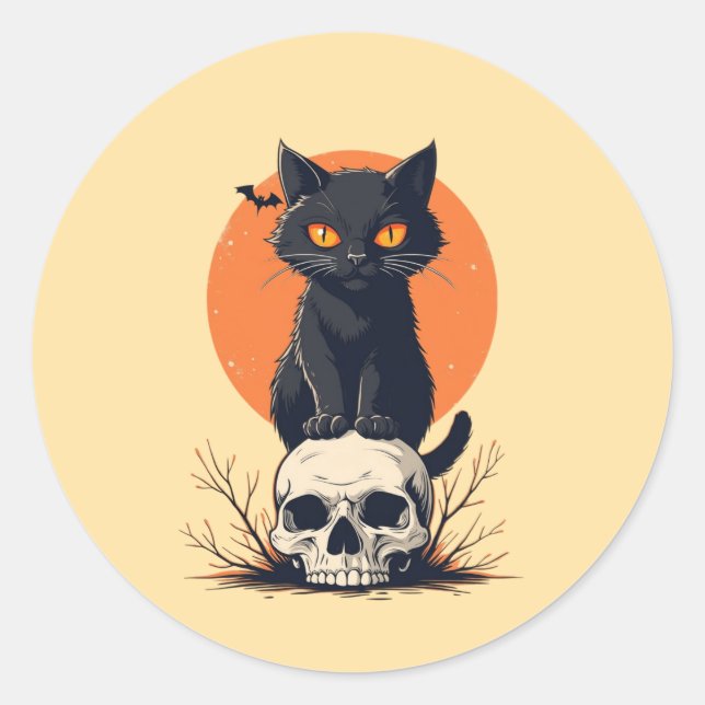 Schwarze Katze auf Skull Halloween Runder Aufkleber (Vorderseite)
