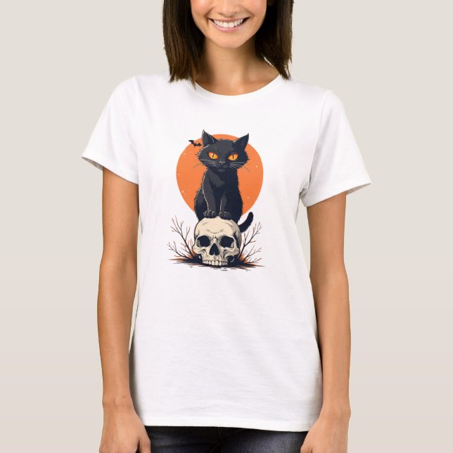Schwarze Katze auf Skull Halloween T-Shirt (Vorderseite)
