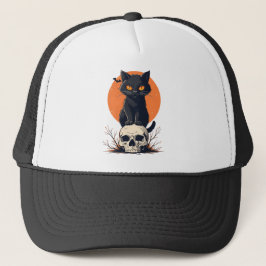 Schwarze Katze auf Skull Halloween Truckerkappe