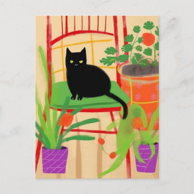 Schwarze Katze auf Stuhl Vintage Blume Malerei Postkarte (Vorderseite)
