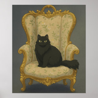 Schwarze Katze auf verziertem Sessel – Elegantes G Poster