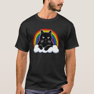 Schwarze Katze auf Wolke mit Regenbogen-LGBTQ+-Sto T-Shirt