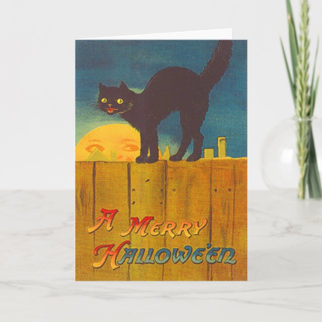 Schwarze Katze auf Zaun-Mann im Mond Karte (Vorderseite)