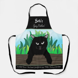 Schwarze Katze auf Zaun mit grünem Gras Schürze