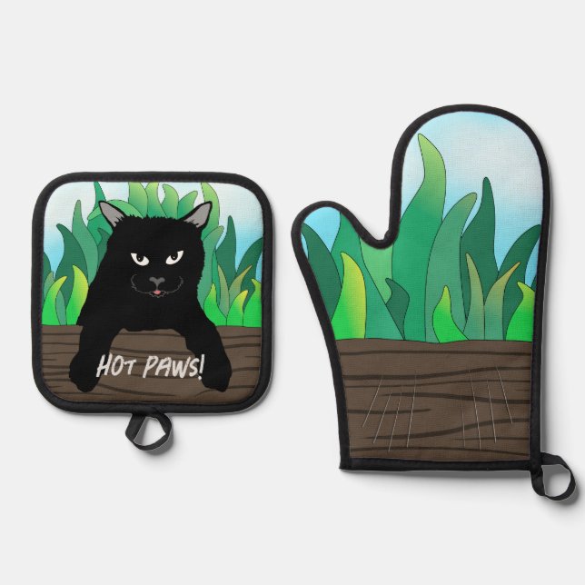 Schwarze Katze auf Zaun Oven Mitt & Pot Holder Set (Vorderseite)