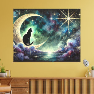 Schwarze Katze auf zunehmendem Mond mit sternklare Leinwanddruck