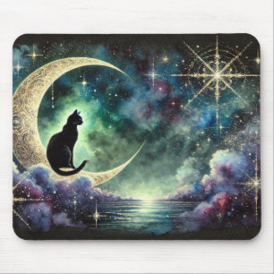 Schwarze Katze auf zunehmendem Mond mit sternklare Mousepad