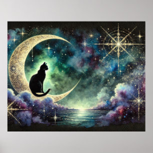 Schwarze Katze auf zunehmendem Mond mit sternklare Poster
