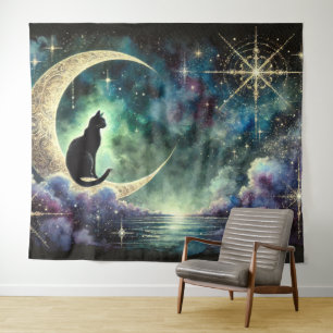 Schwarze Katze auf zunehmendem Mond mit sternklare Wandteppich