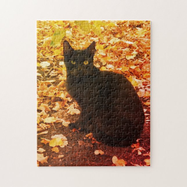 Schwarze Katze Aurtumn verlässt Foto Puzzle (Vertikal)
