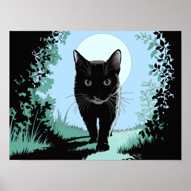Schwarze Katze aus dem Mondlicht Poster Druckkunst (Vorne)