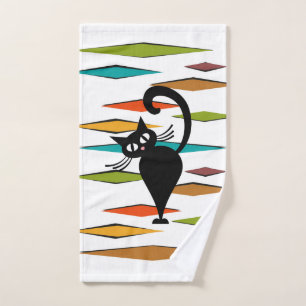 Schwarze Katze aus der Mitte des Jahrhunderts Badhandtuch Set
