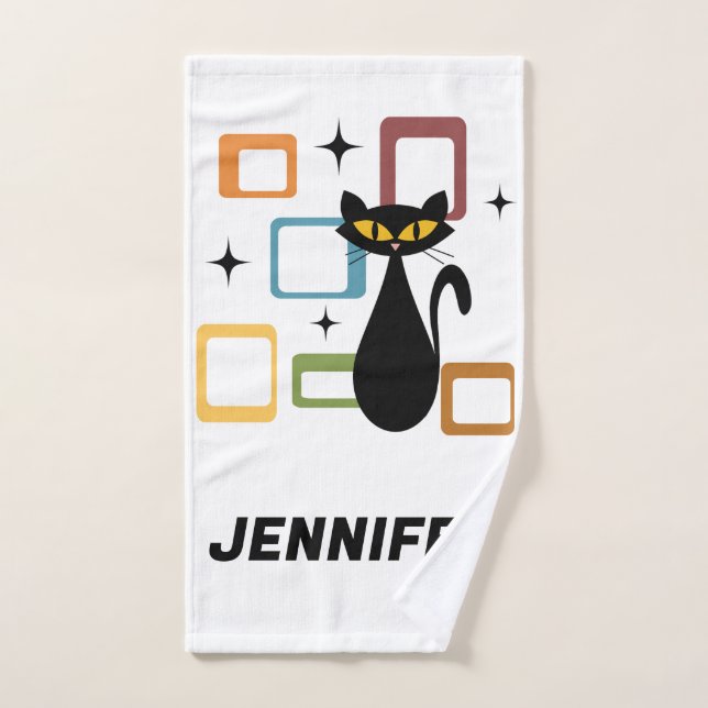 Schwarze Katze aus der Mitte des Jahrhunderts Badhandtuch Set (Handtuch)