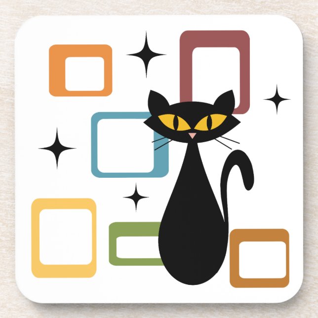Schwarze Katze aus der Mitte des Jahrhunderts Getränkeuntersetzer (Vorderseite)
