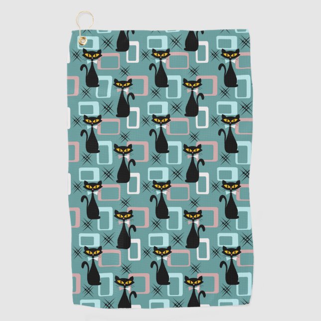Schwarze Katze aus der Mitte des Jahrhunderts Golfhandtuch (Vorderseite)